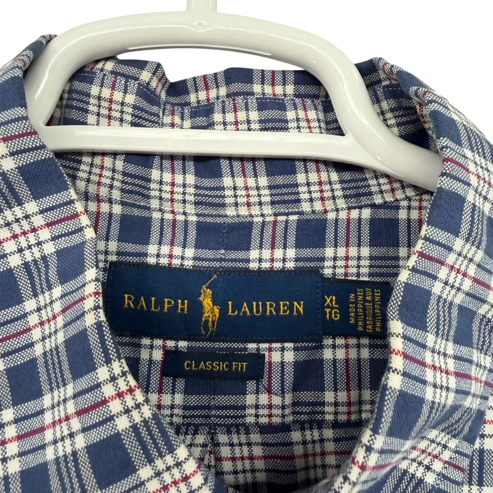 Polo Ralph Lauren Mens XL Classic Fit Plaid Button Down Shirt Navy Blue Cotton